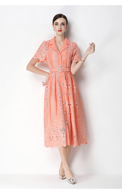 Elegant Lace Button-Front Midi Dress with Belt - LAI MENG FIVE CATS