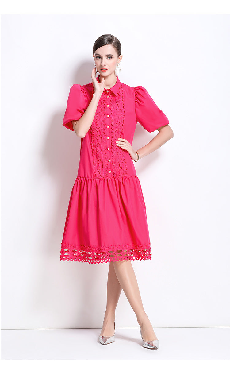 Women's Puff Sleeves Collar Hollow Embroidery Midi Dress