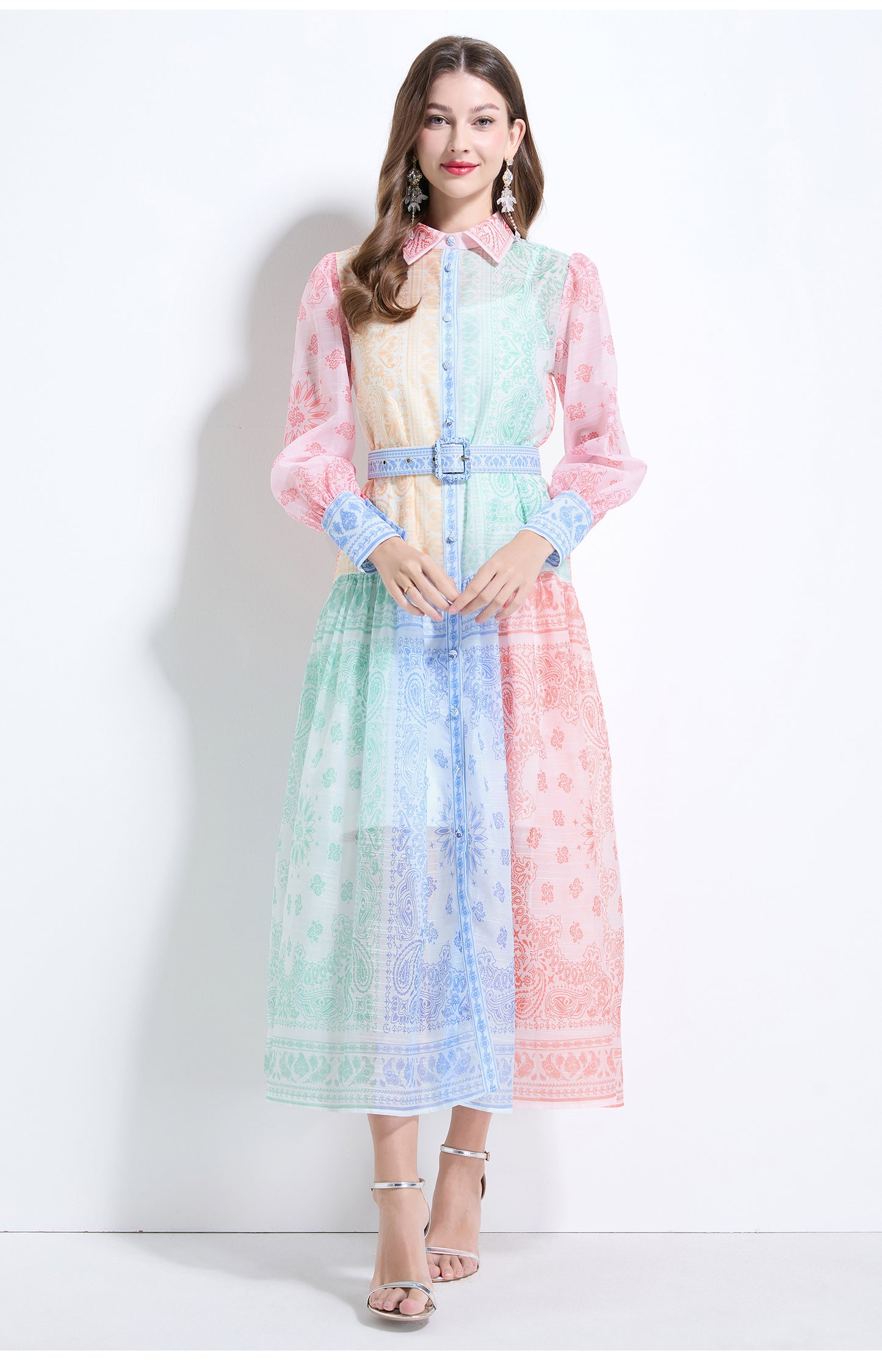 Women's Long Sleeve Button Floral Pring Maxi Dress