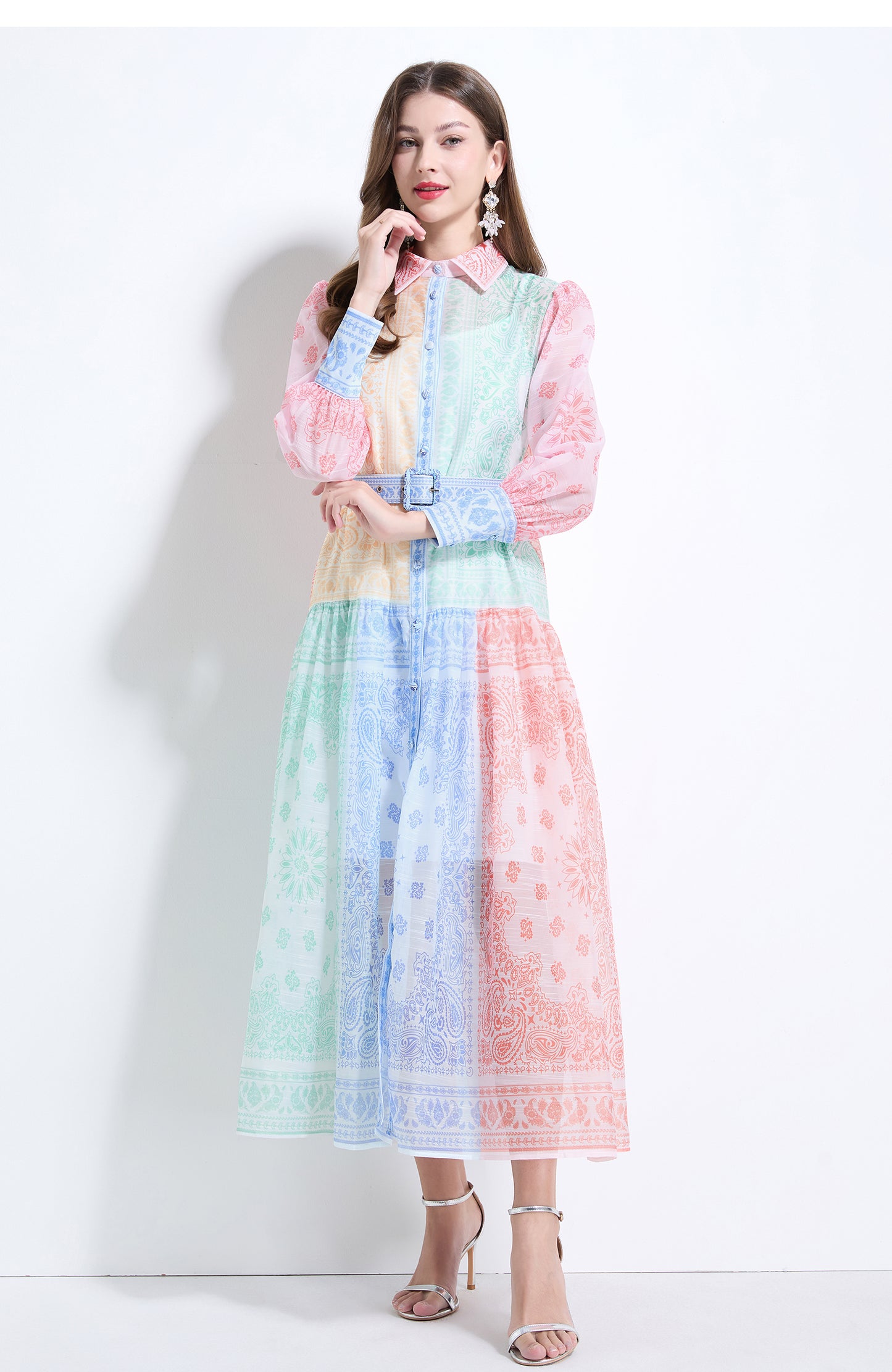 Women's Long Sleeve Button Floral Pring Maxi Dress