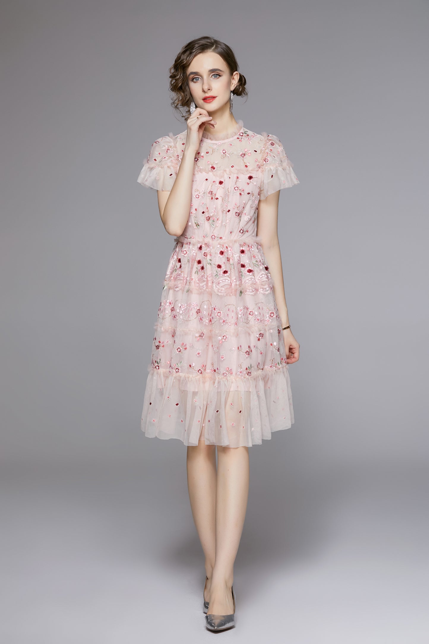 Pink Embroidered Tulle Mini Dress – Romantic Tiered Party Dress