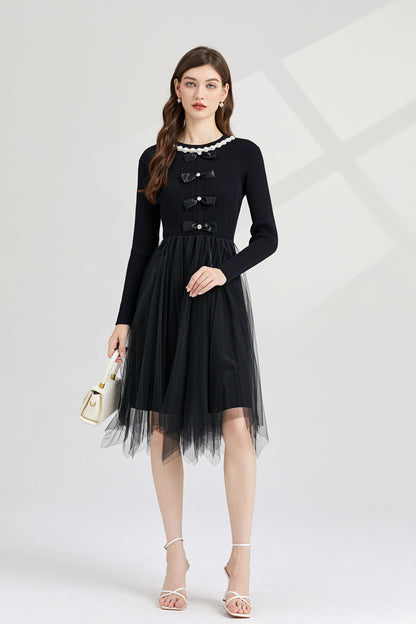 Women's Knit Tops Patchwork mesh Skirt Long Sleeve Midi Dress