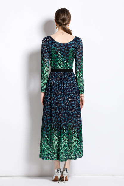 FSY-Women's Lace Floral U Neck Stretchy Maxi Dress