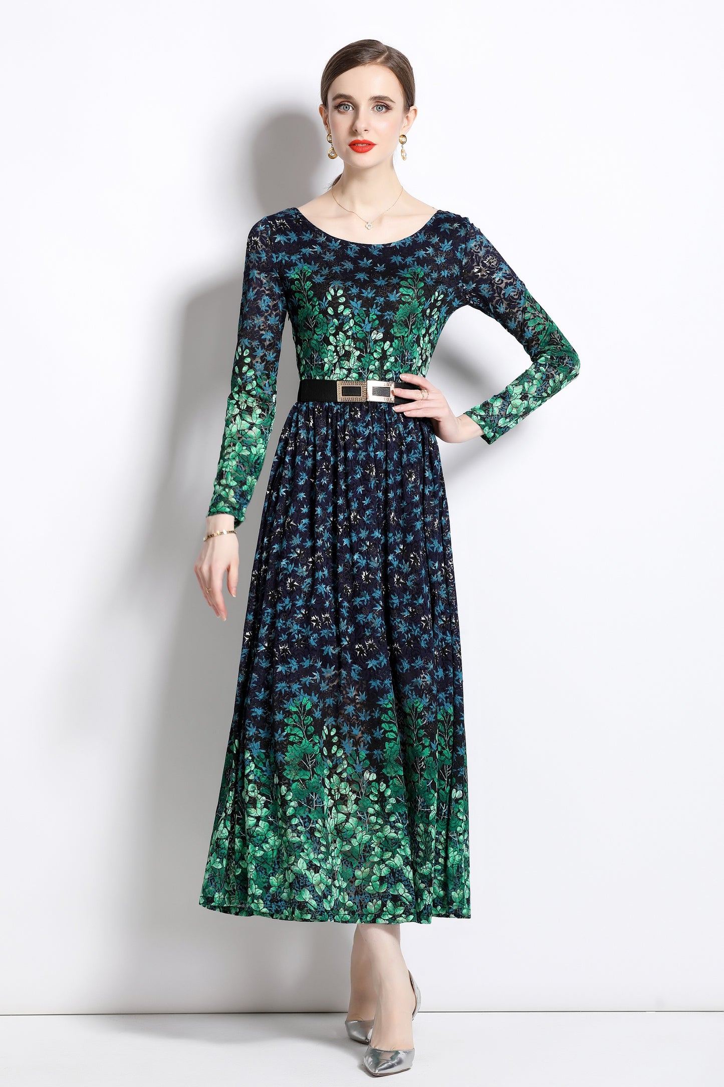 FSY-Women's Lace Floral U Neck Stretchy Maxi Dress