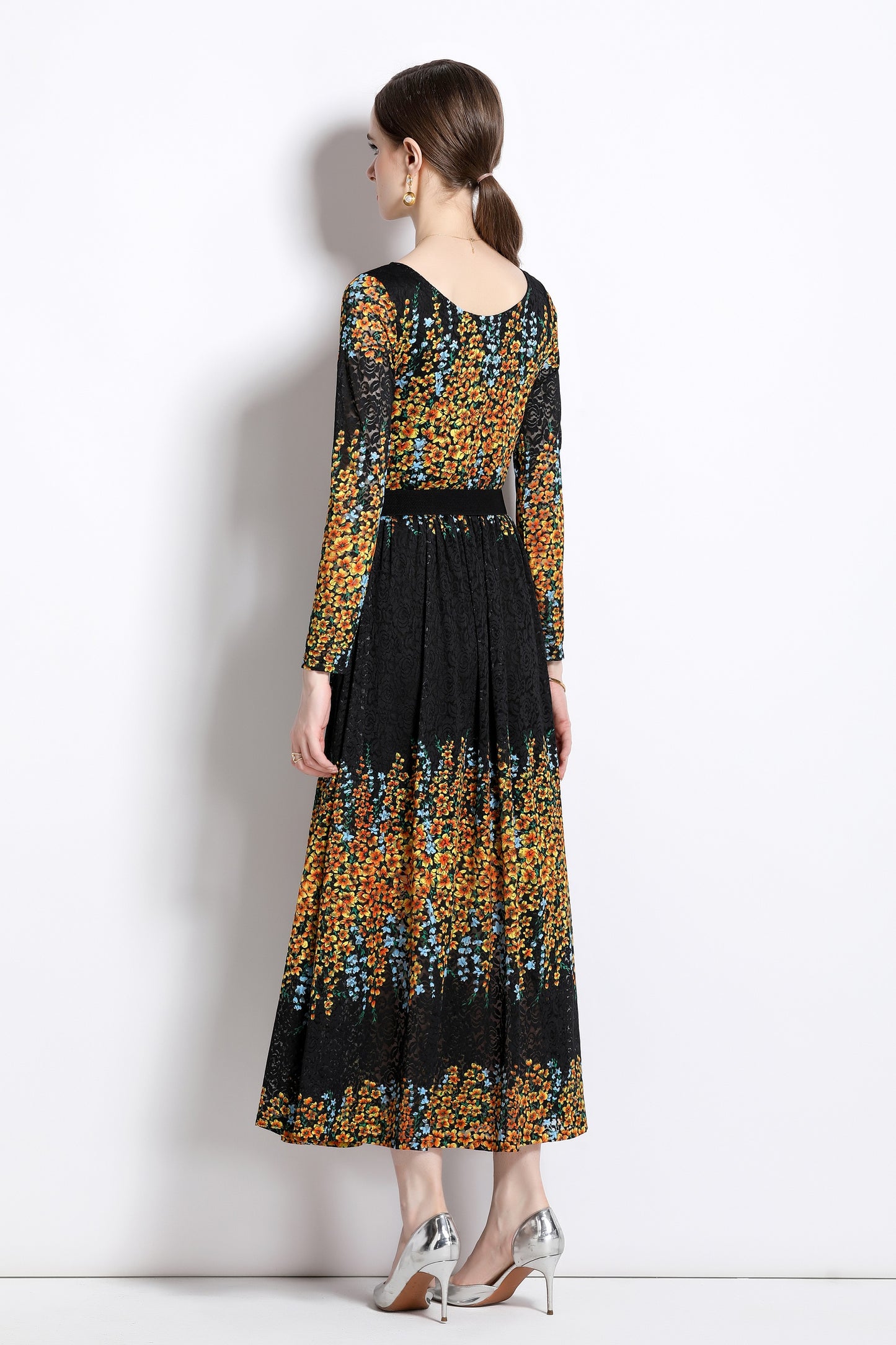 FSY-Women's Lace Floral U Neck Stretchy Maxi Dress