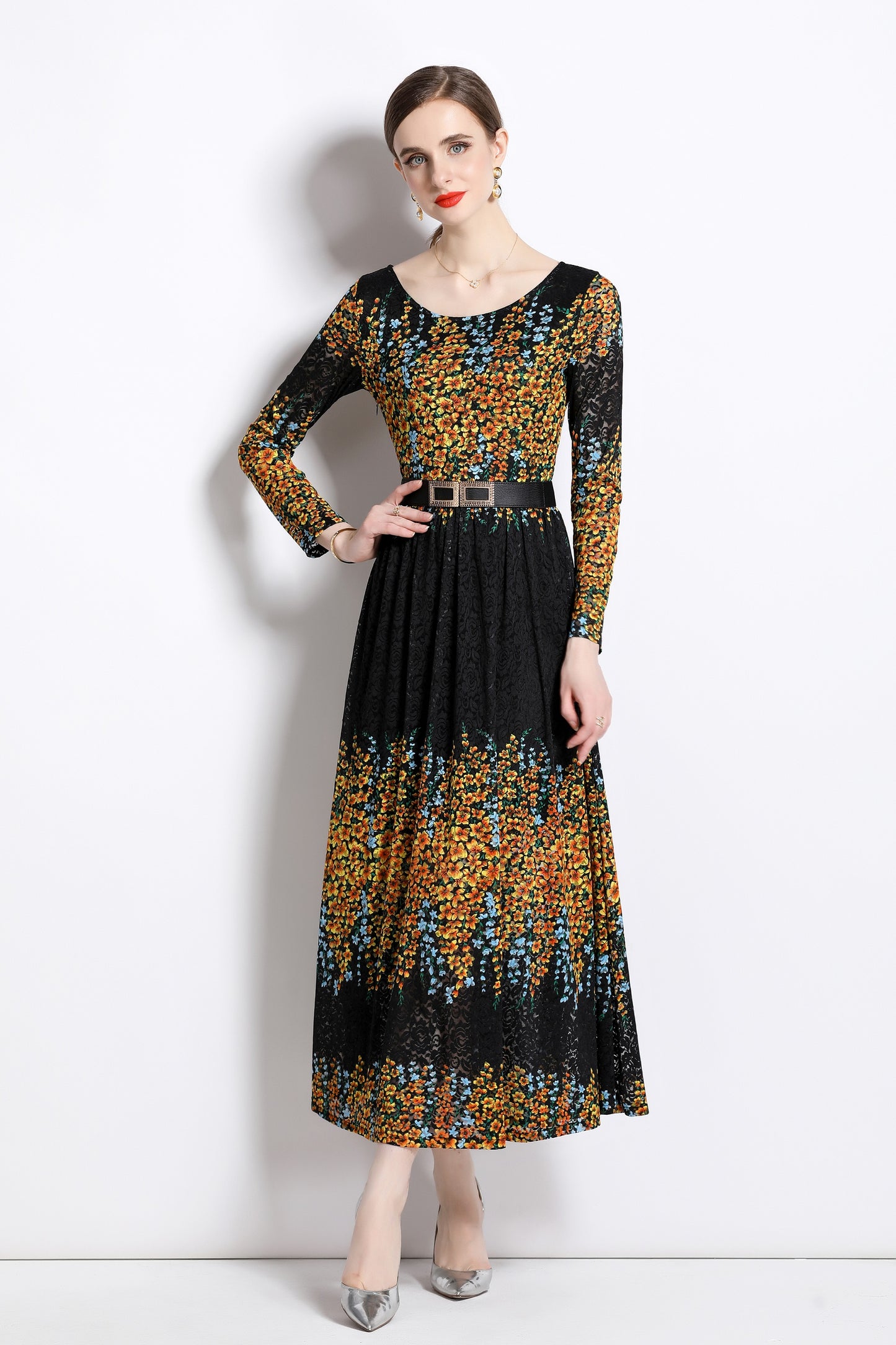 FSY-Women's Lace Floral U Neck Stretchy Maxi Dress