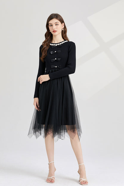 Women's Knit Tops Patchwork mesh Skirt Long Sleeve Midi Dress