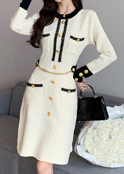 28701 Gold-Button Knit Mini Dress – Black & Ivory