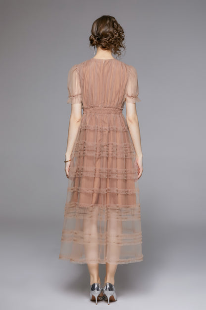 LAI MENG FIVE CATS Dusty Blush Mesh Maxi Dress