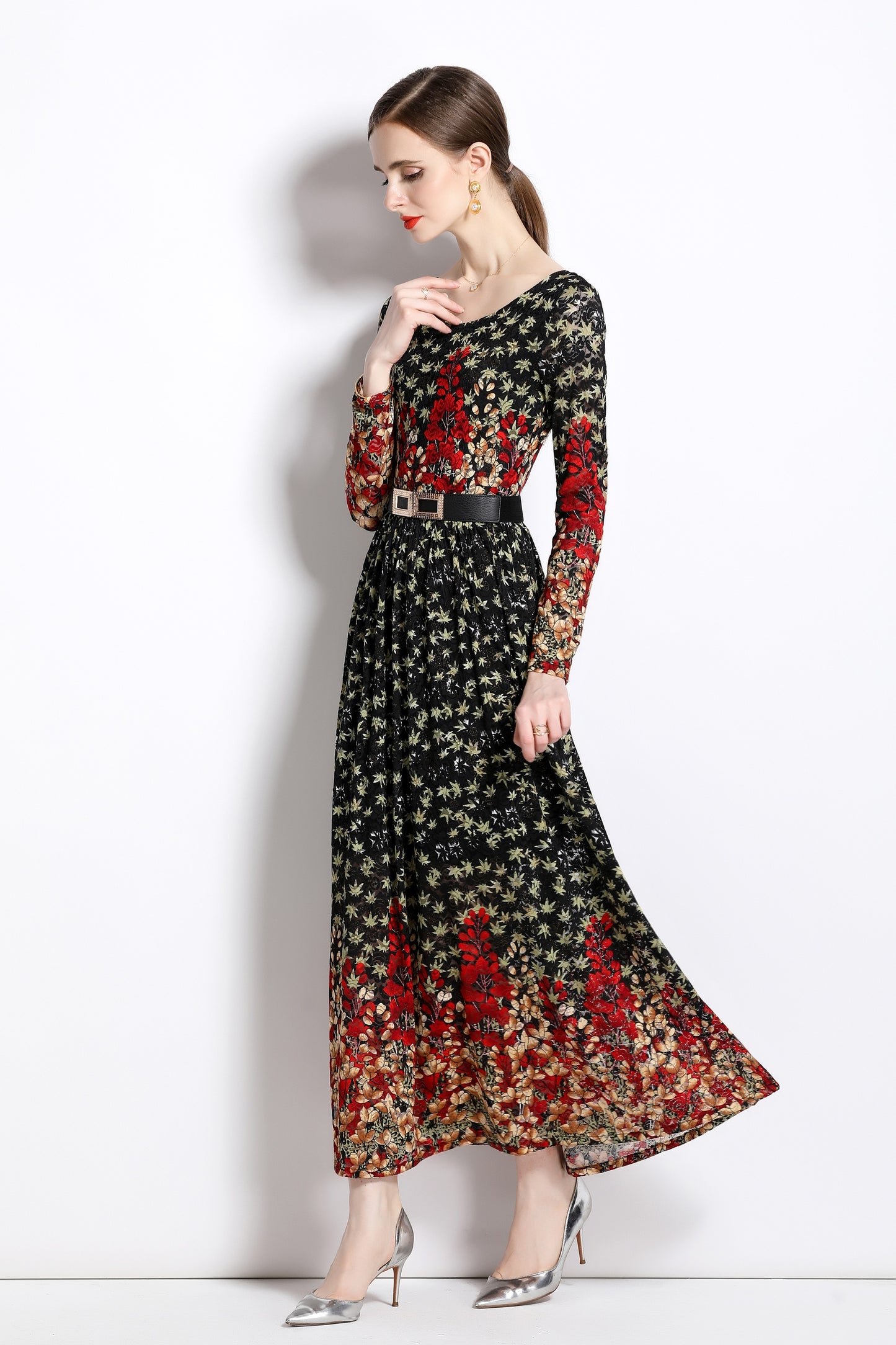 FSY-Women's Lace Floral U Neck Stretchy Maxi Dress