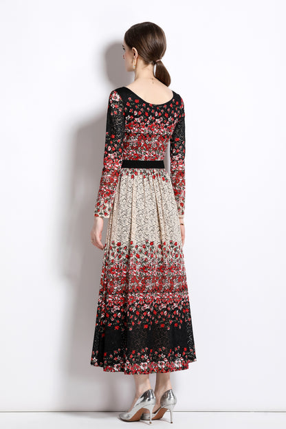 FSY-Women's Lace Floral U Neck Stretchy Maxi Dress