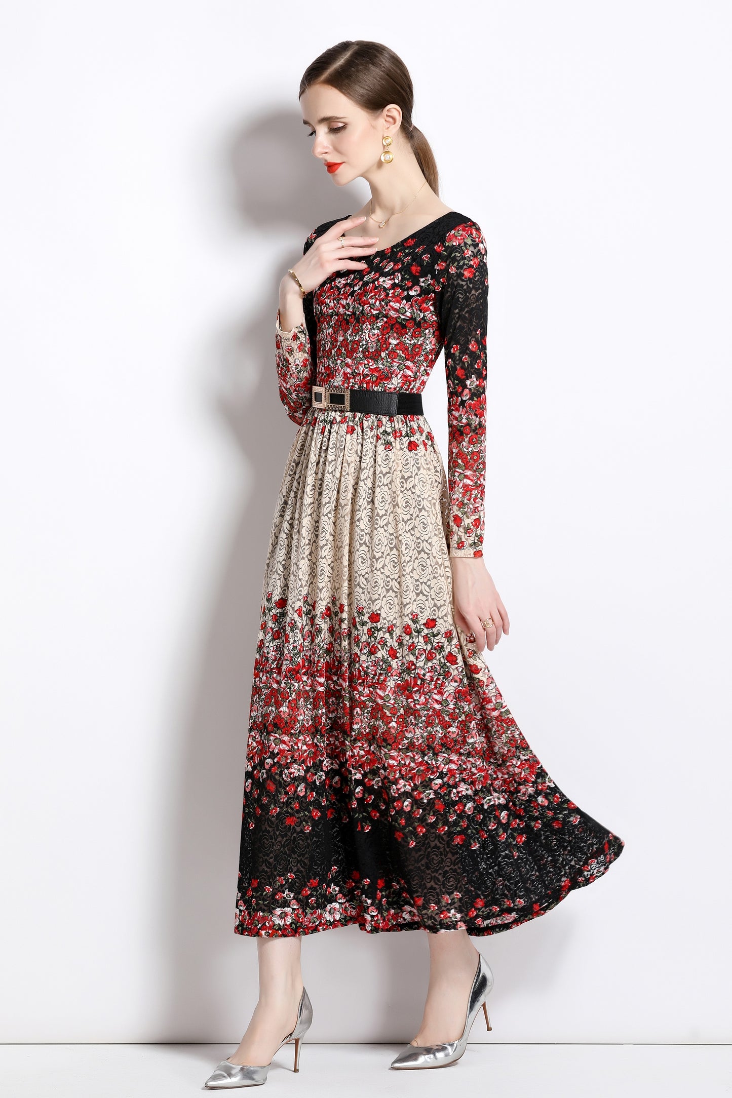 FSY-Women's Lace Floral U Neck Stretchy Maxi Dress