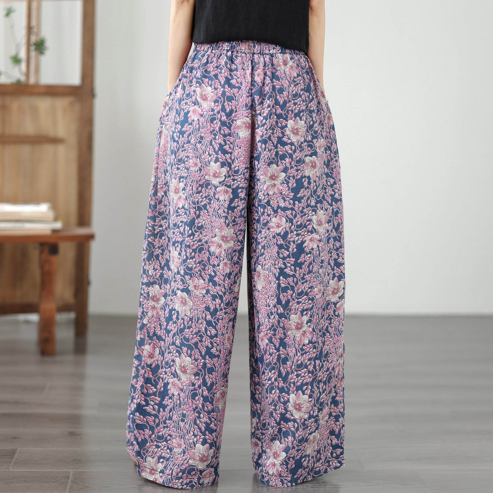 Women's Wide Leg Jeans Lightweight Wasited Elastic Print Y2K Pants - LAI MENG FIVE CATS