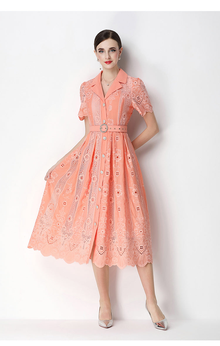 Elegant Lace Button-Front Midi Dress with Belt - LAI MENG FIVE CATS