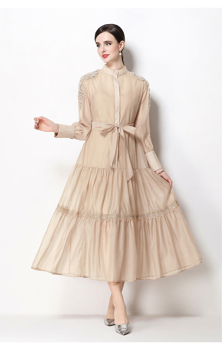 Elegant Bead Embroidery Loose Button Belted Maxi Dress - LAI MENG FIVE CATS
