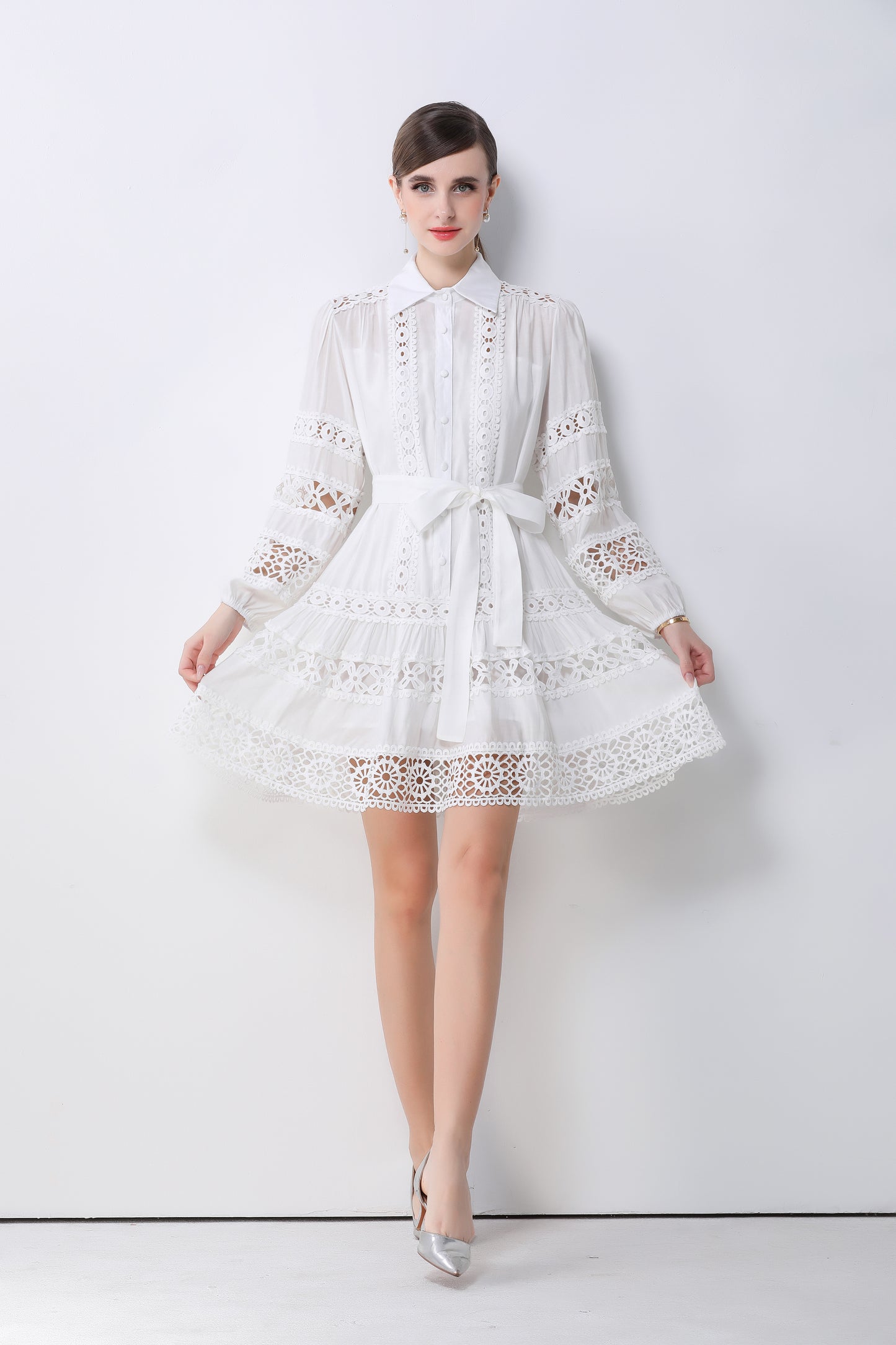 Women's Hollow Out Lace Puff Sleeve Button Mini Dress - LAI MENG FIVE CATS