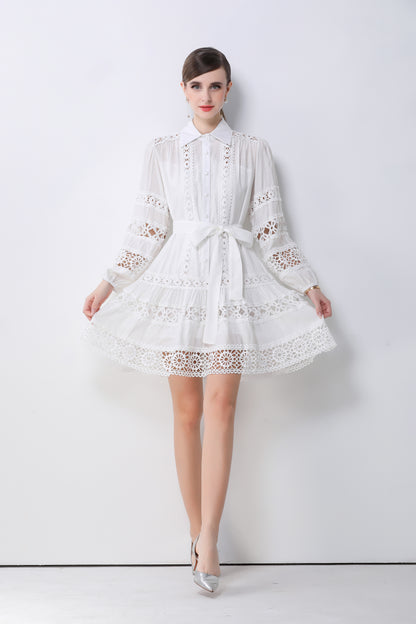 Women's Hollow Out Lace Puff Sleeve Button Mini Dress - LAI MENG FIVE CATS