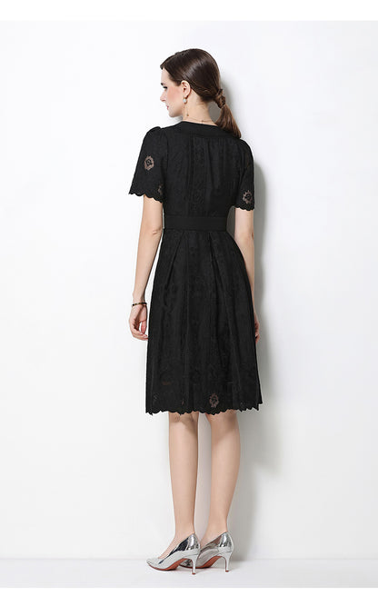 Lace V-Neck Button Front A-Line Summer Dress
