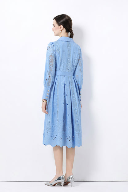 Women's Puff Sleeve Lace Hollow Out Midi Dress