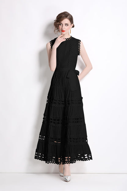 BK-Sleeveless Hollow Belt Maxi Dress