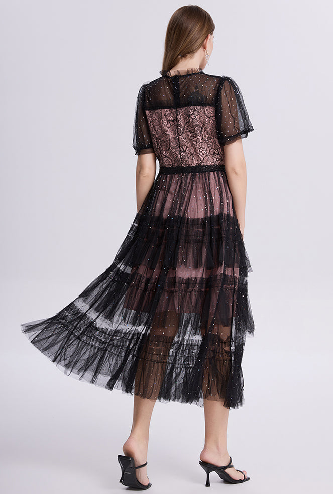 Black Sheer Sleeves Lace Glitter Tulle Dress