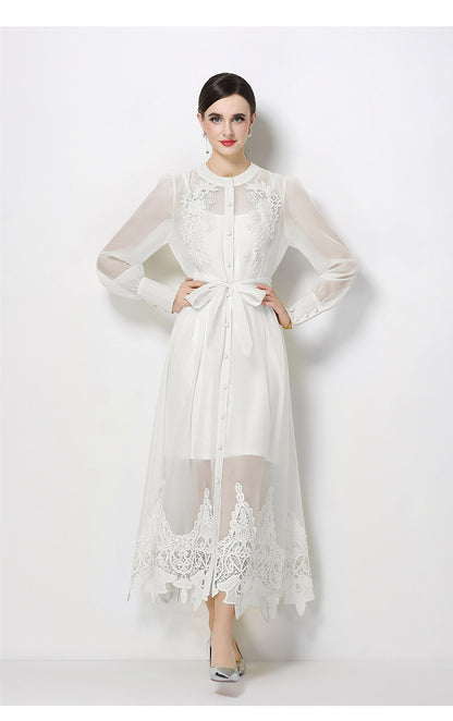 Sheer Embroidered Organza Maxi Dress with Slip & Belt - LAI MENG FIVE CATS