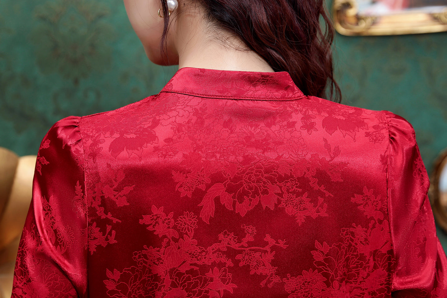 Women's Silk Satin Jacquard Long Sleeve Blouses