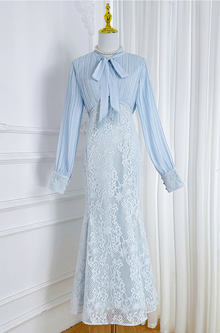 Elegant Pleated & Lace Midi Dress with Tie Neck, Beaded Details & Flounce Hem - LAI MENG FIVE CATS