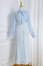 Elegant Pleated & Lace Midi Dress with Tie Neck, Beaded Details & Flounce Hem - LAI MENG FIVE CATS