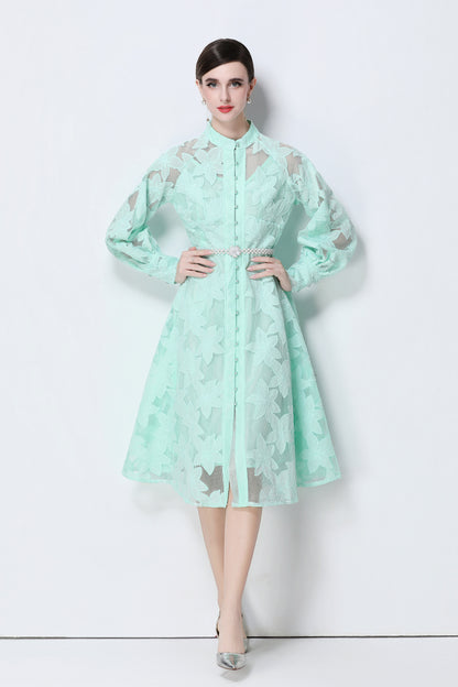 Women's Long Sleeve Eyelet Embroidery Button Midi Dress