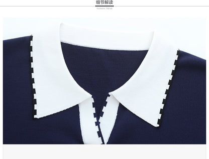 Women's Contrasting Color Polo Collar Knit Blouse