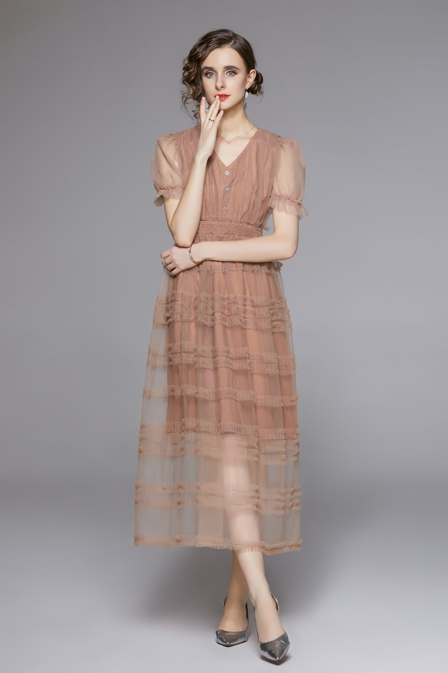 LAI MENG FIVE CATS Dusty Blush Mesh Maxi Dress