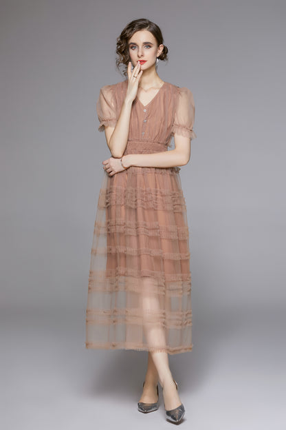 LAI MENG FIVE CATS Dusty Blush Mesh Maxi Dress