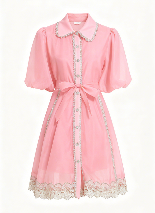Pink Button Up Organza Mini Dress