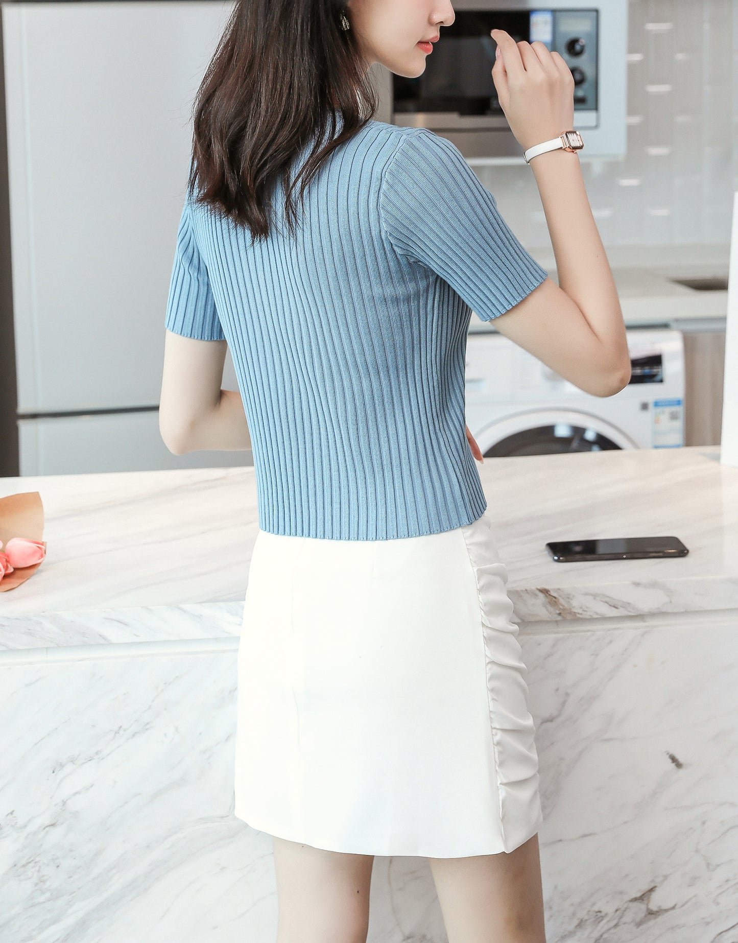 Women's V-Neck Knitted Thin Tops Ribbed Shirt