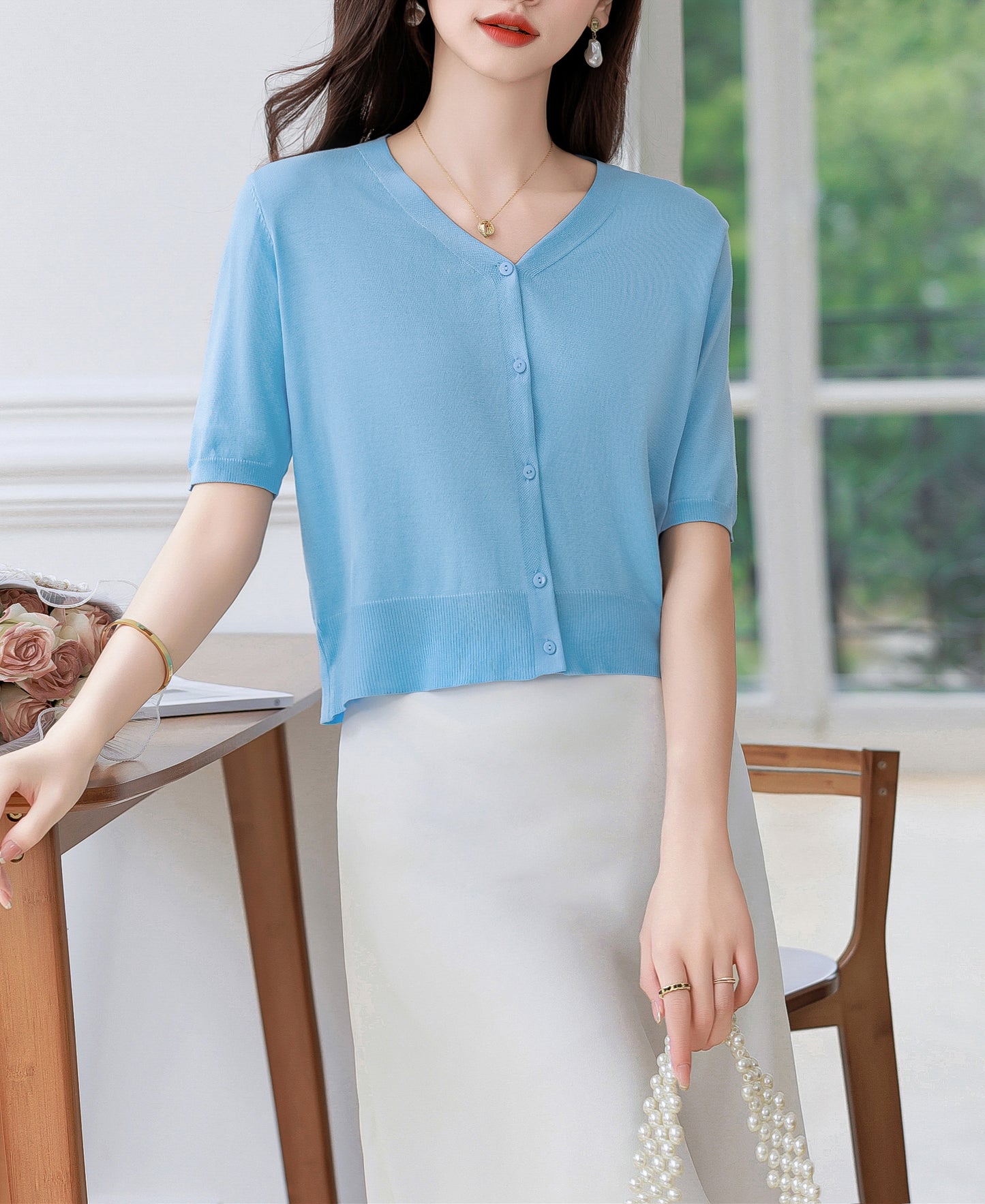 Women's Short Sleeve Ribbed Knit Cardigan Tops
