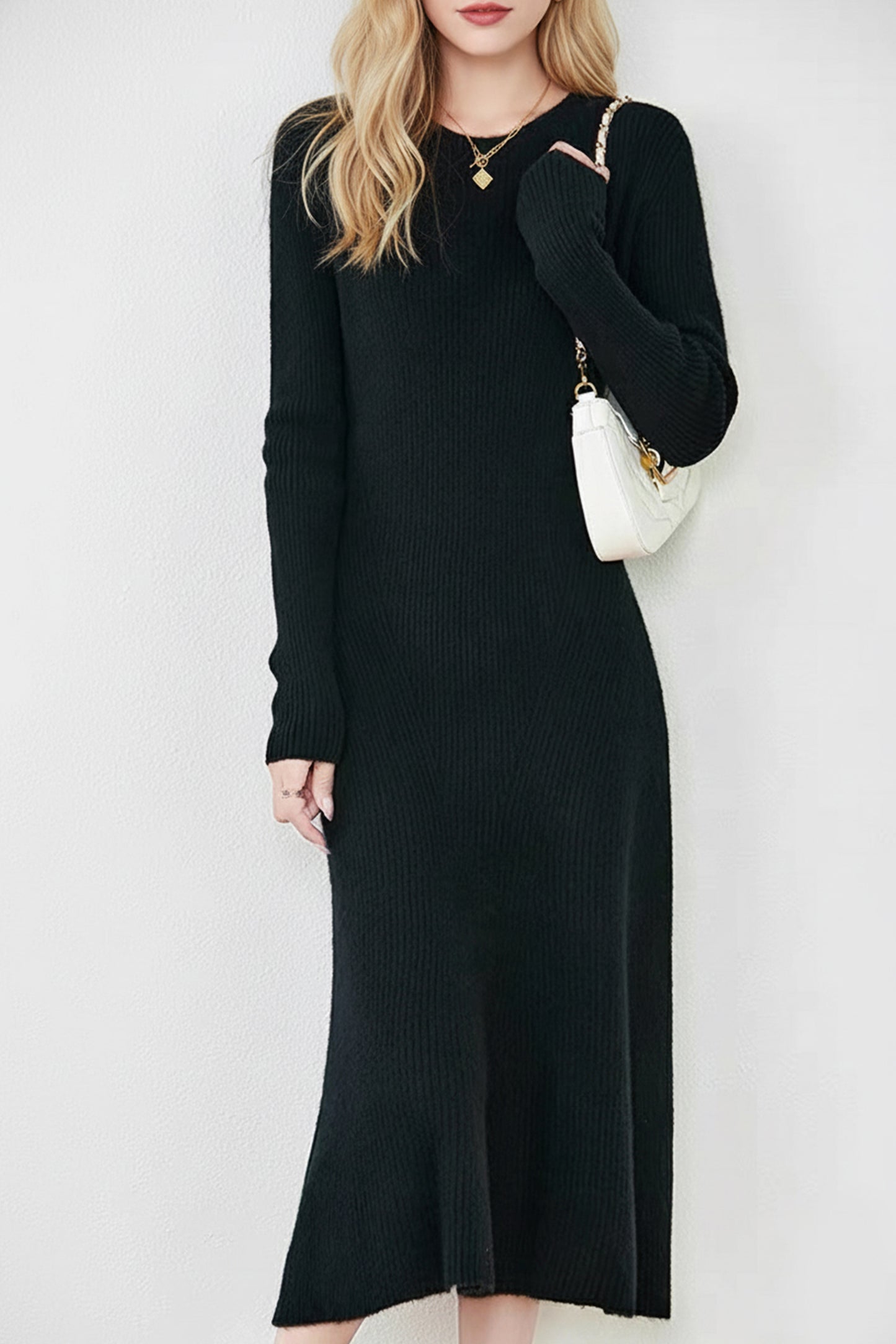 Women's Sweater Crewneck Ribbed Knit Midi Dress
