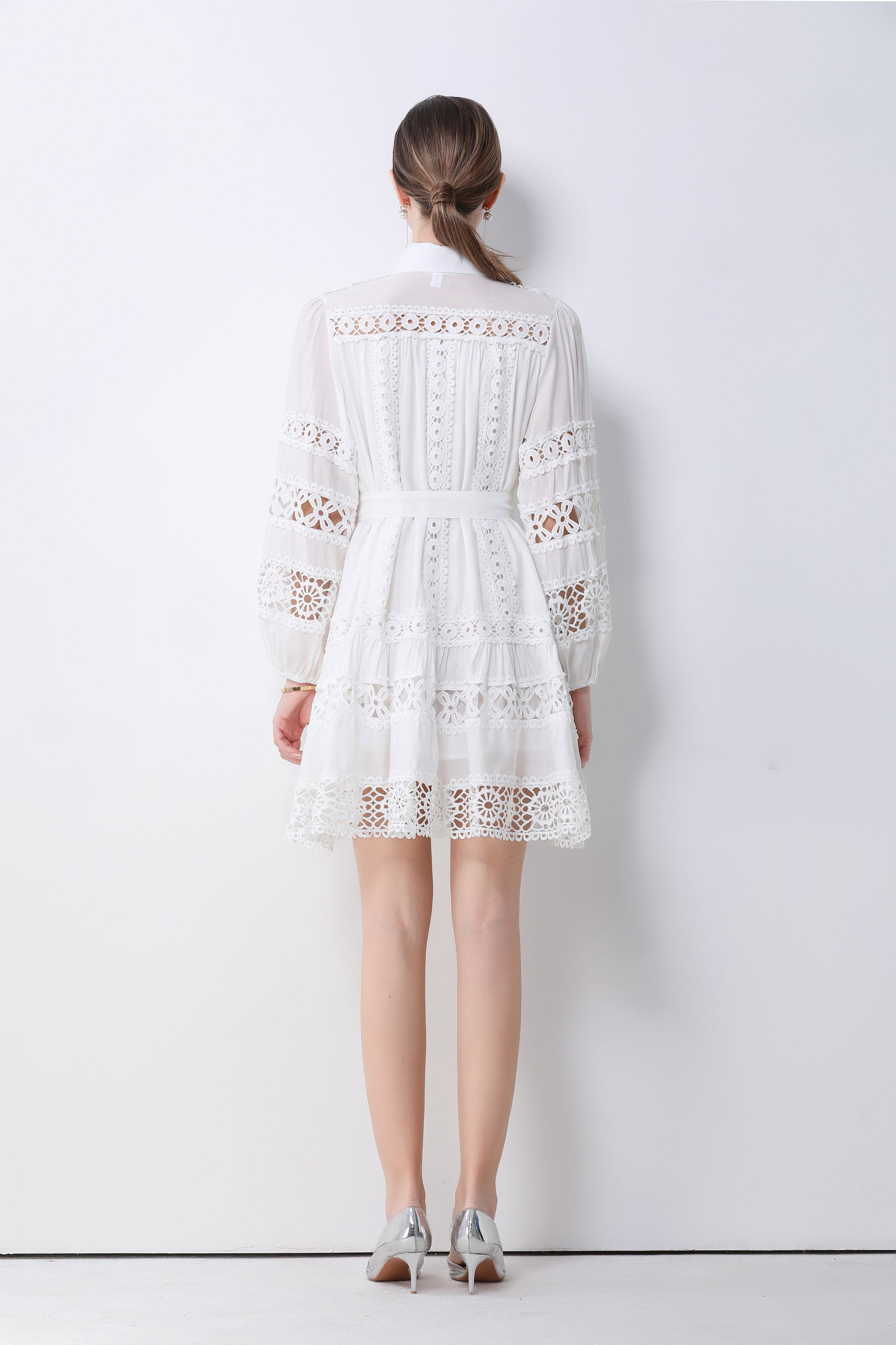 Women's Hollow Out Lace Puff Sleeve Button Mini Dress - LAI MENG FIVE CATS