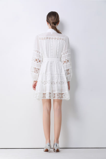 Women's Hollow Out Lace Puff Sleeve Button Mini Dress - LAI MENG FIVE CATS