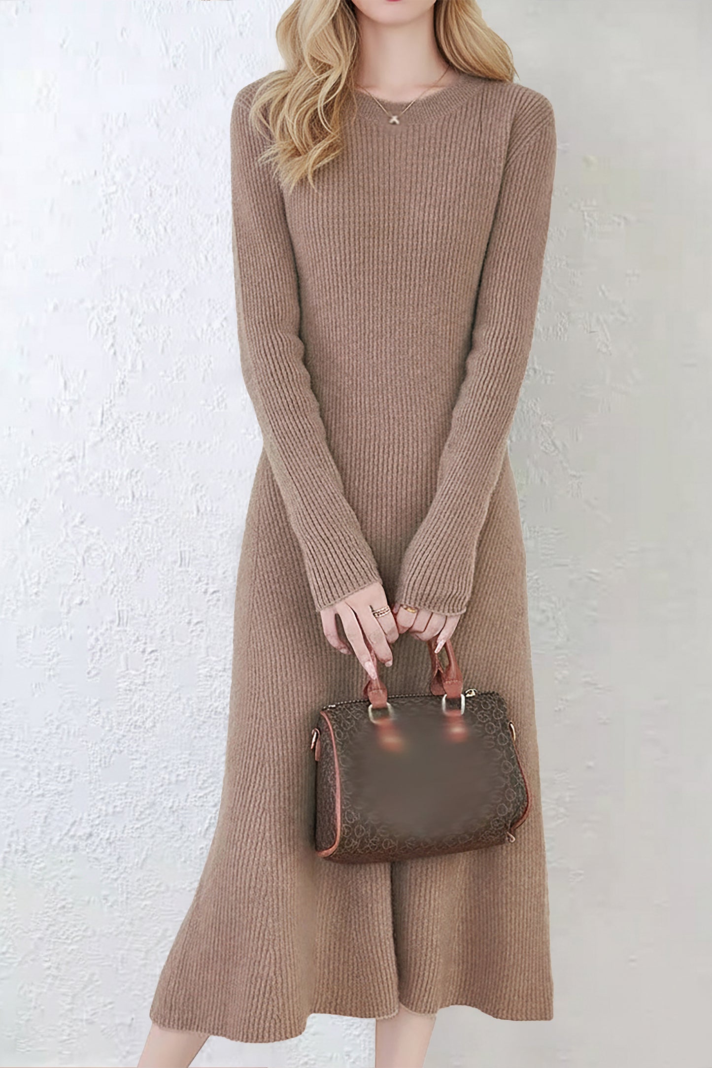 Women's Sweater Crewneck Ribbed Knit Midi Dress