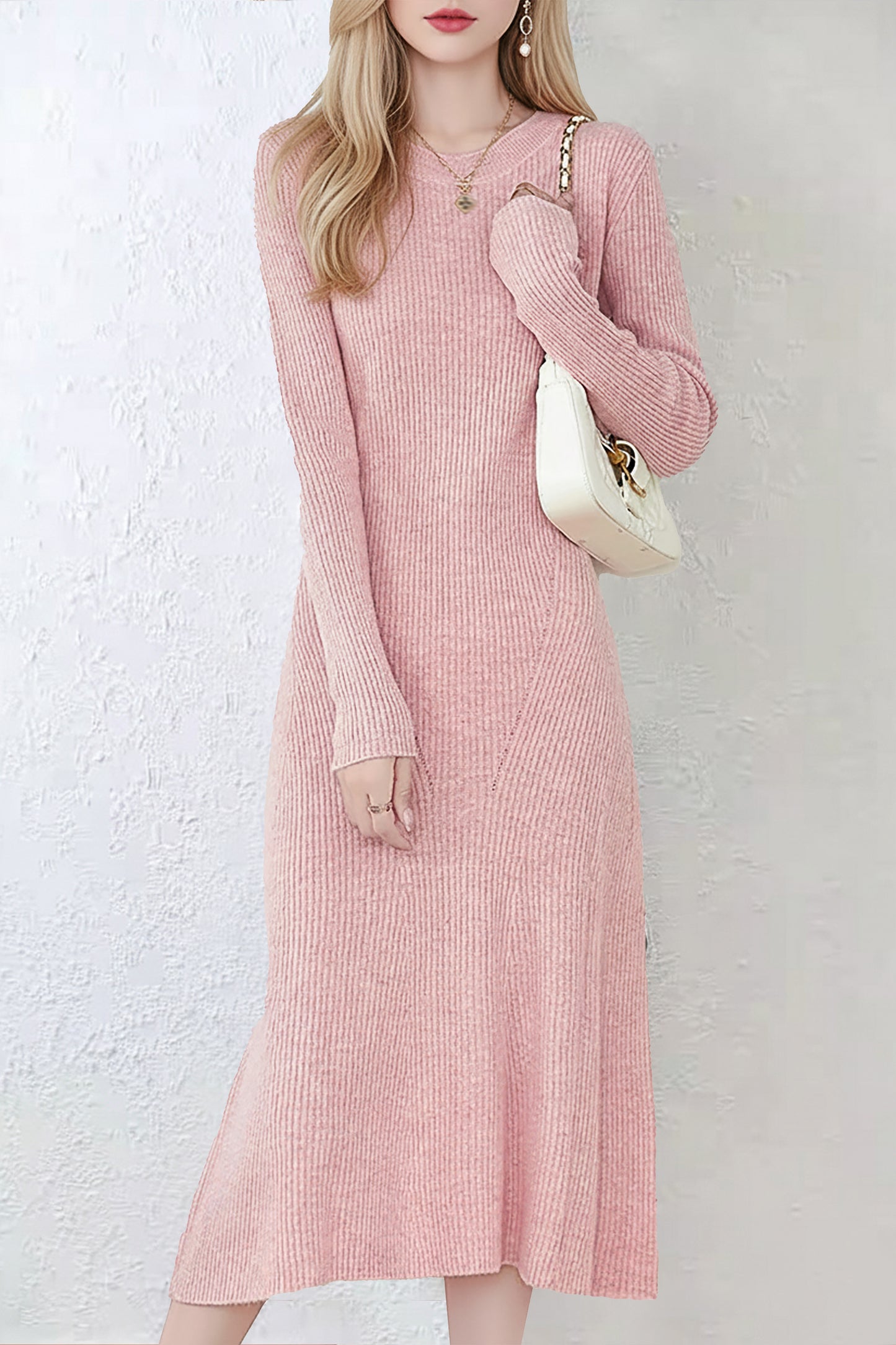 Women's Sweater Crewneck Ribbed Knit Midi Dress