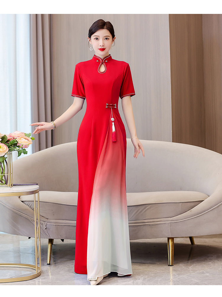 Women's Cheongsam Short Sleeve Qipao Long Dress