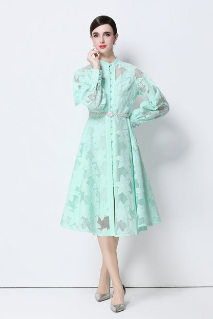 Women's Long Sleeve Eyelet Embroidery Button Midi Dress