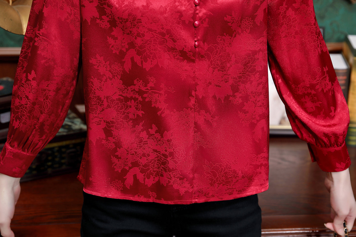 Women's Silk Satin Jacquard Long Sleeve Blouses