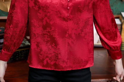 Women's Silk Satin Jacquard Long Sleeve Blouses