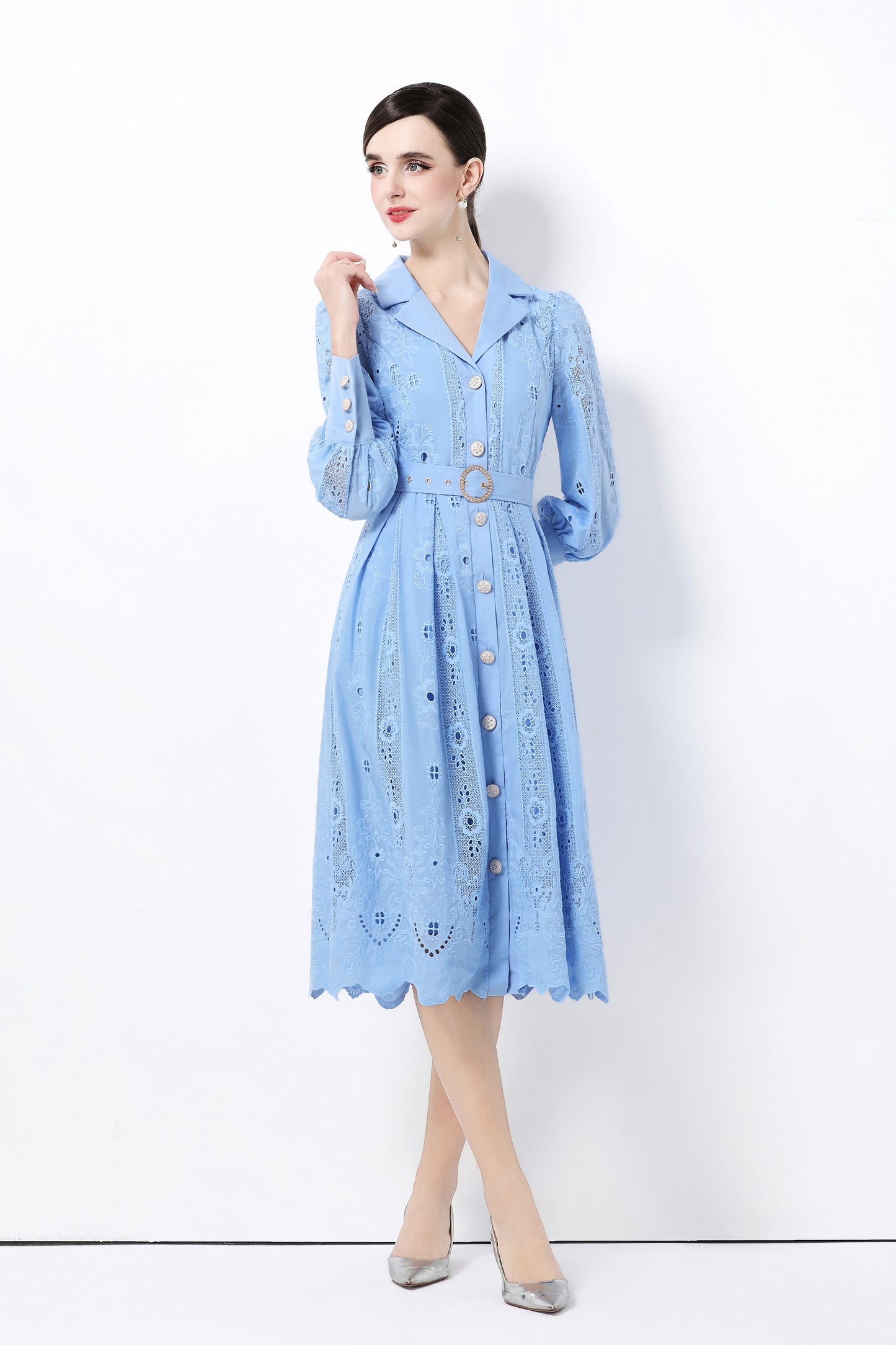 Women's Puff Sleeve Lace Hollow Out Midi Dress