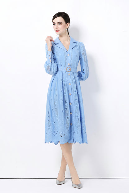 Women's Puff Sleeve Lace Hollow Out Midi Dress