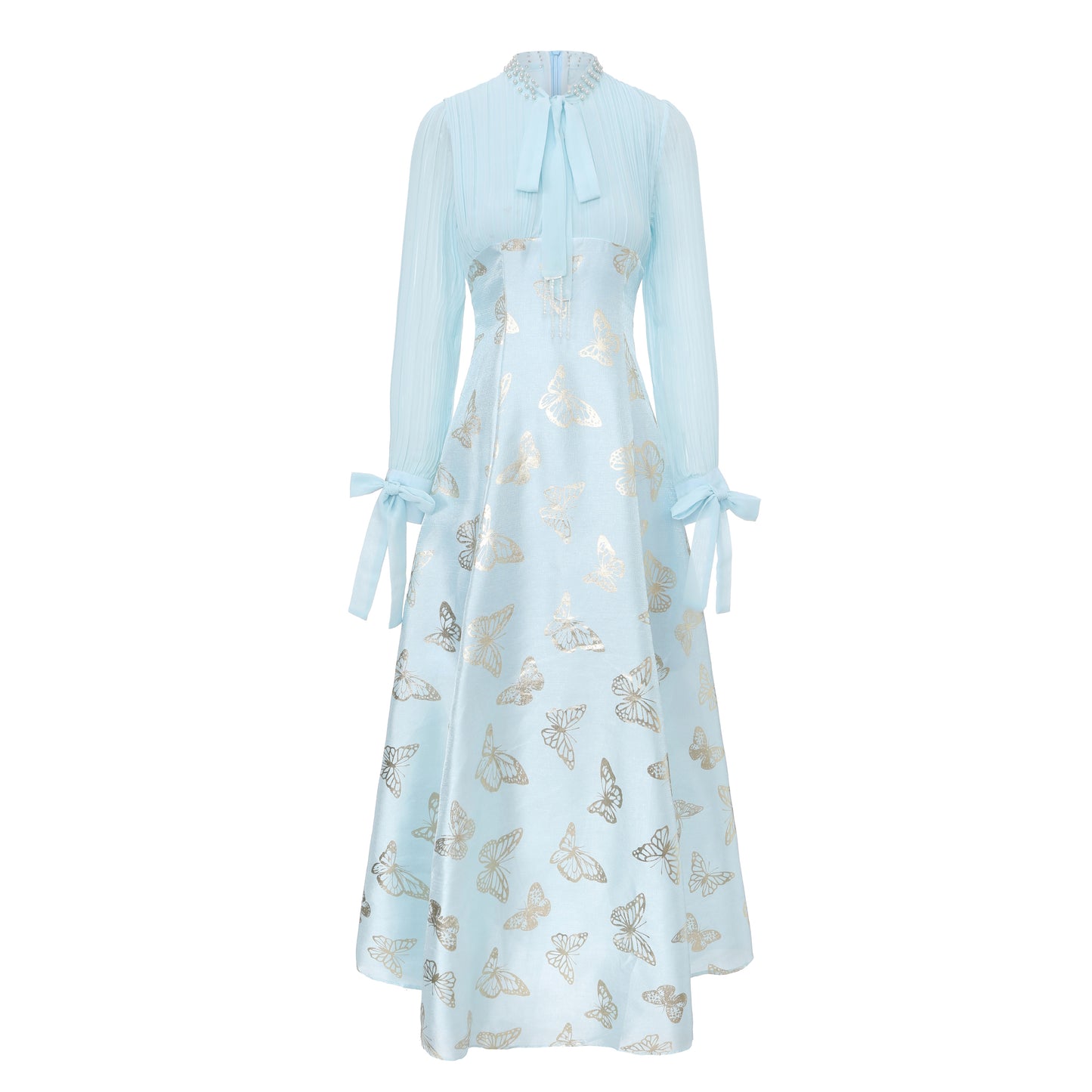 Women's Tie-neck Pleated Top Satin Gilded Party Long Dress - LAI MENG FIVE CATS