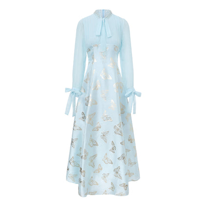 Women's Tie-neck Pleated Top Satin Gilded Party Long Dress - LAI MENG FIVE CATS