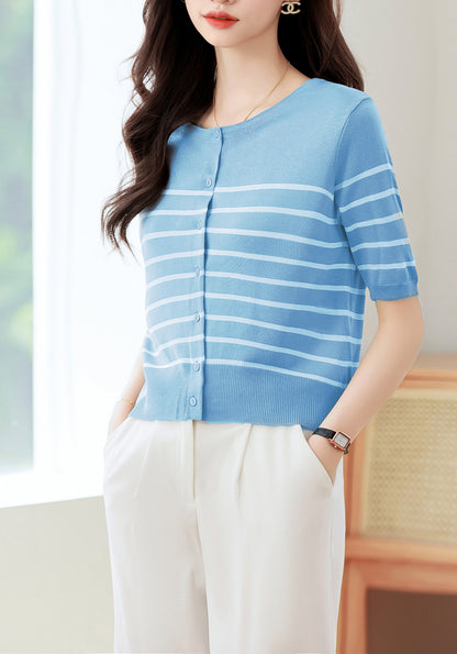 Women's Stripes Short Sleeve Knit Cardigan Tops